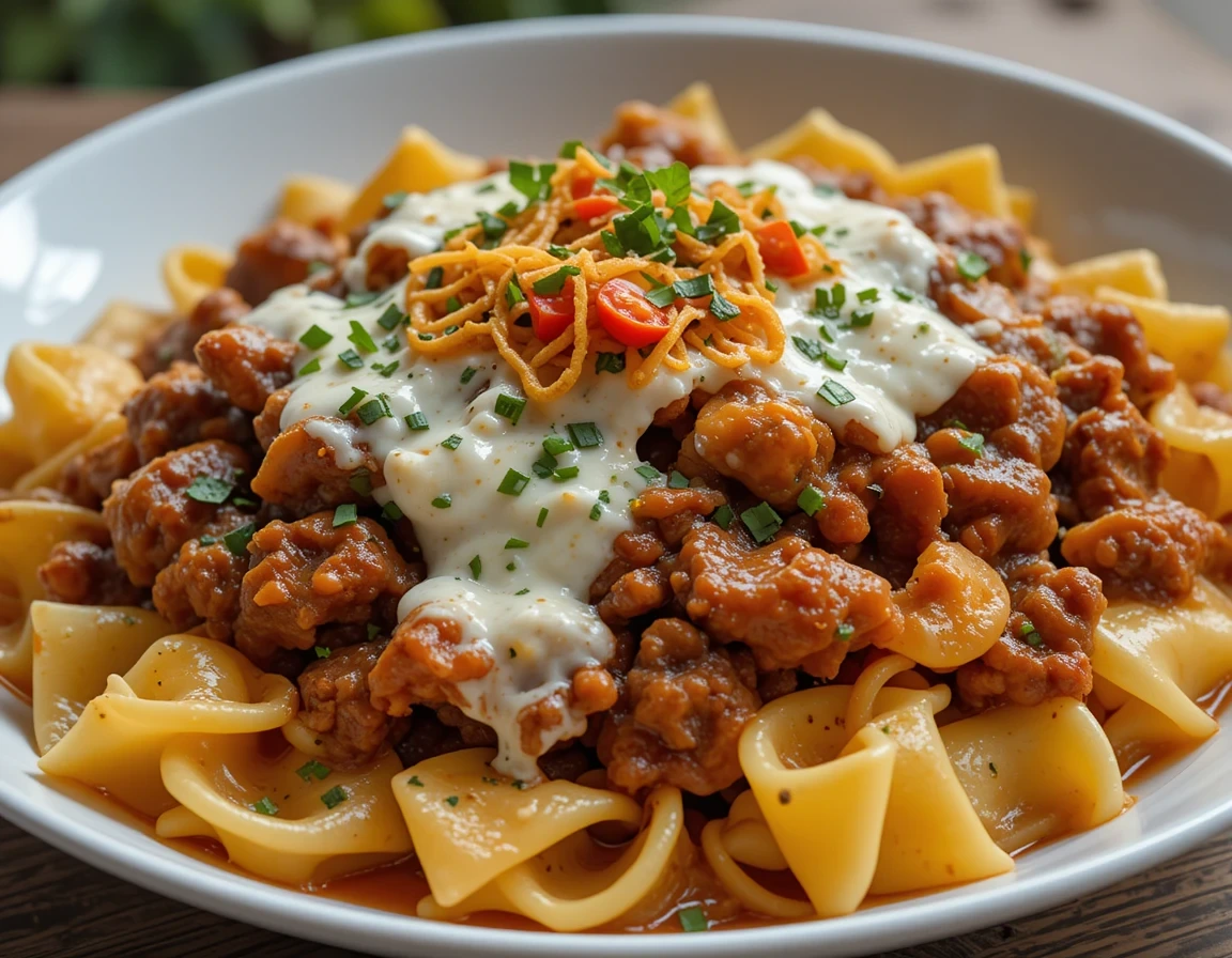 creamy beef and bowtie pasta