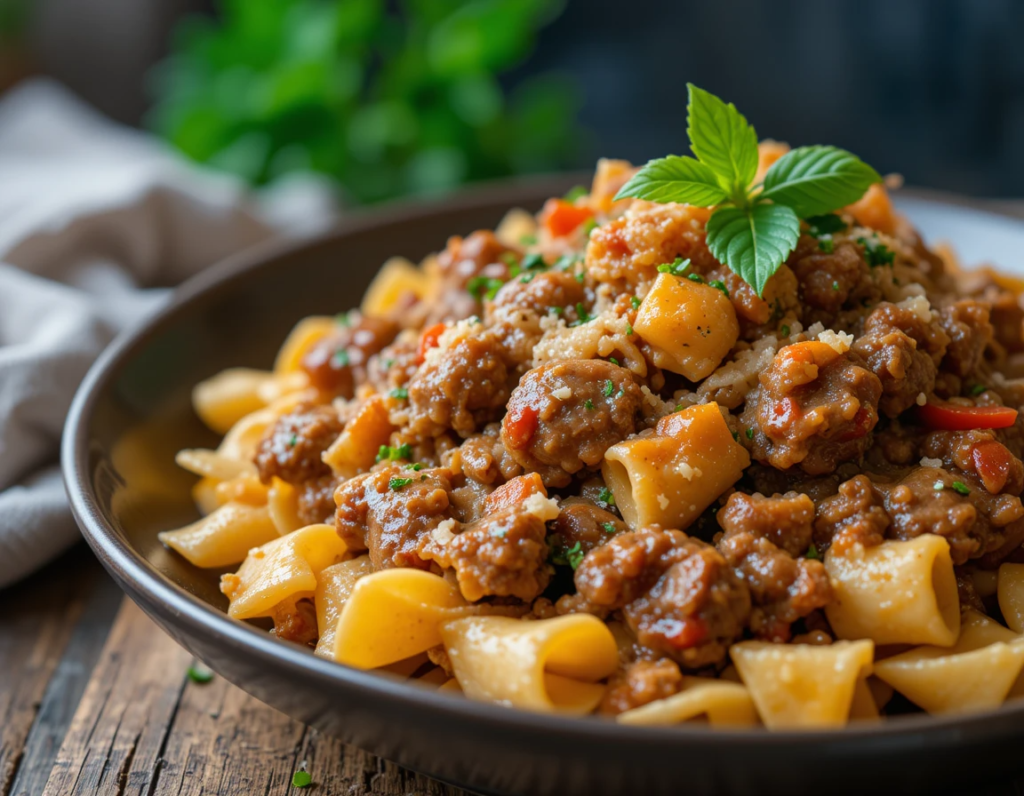 creamy beef and bowtie pasta