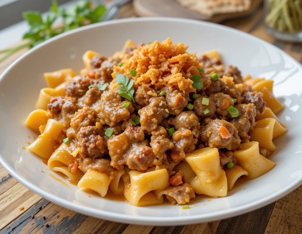 creamy beef and bowtie pasta