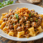 creamy beef and bowtie pasta