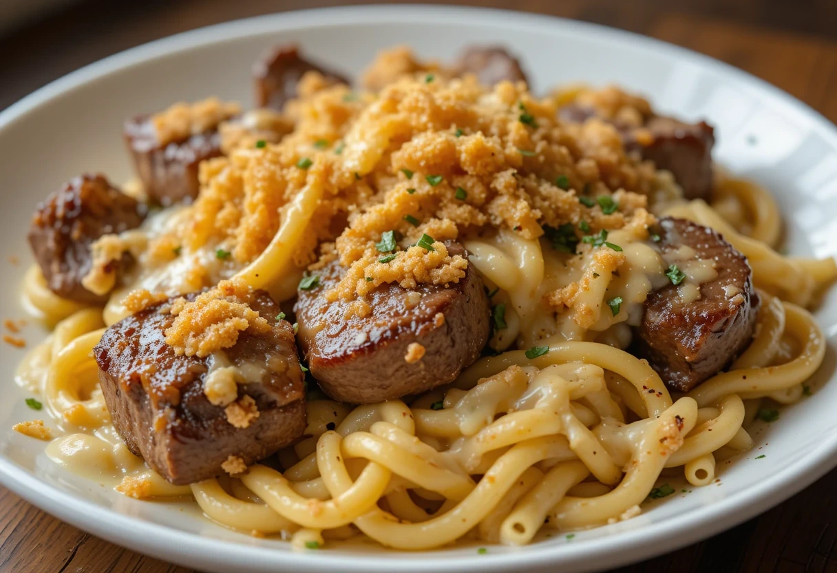 Garlic Butter Steak Tips with Cheesy Rigatoni