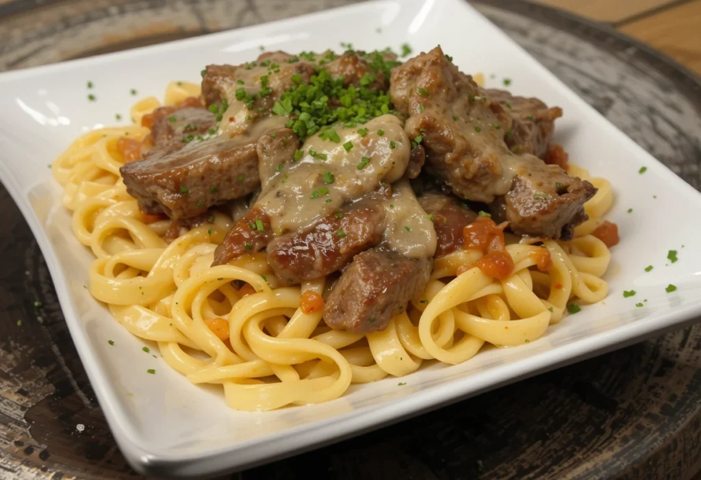 Garlic Butter Steak Tips with Cheesy Rigatoni